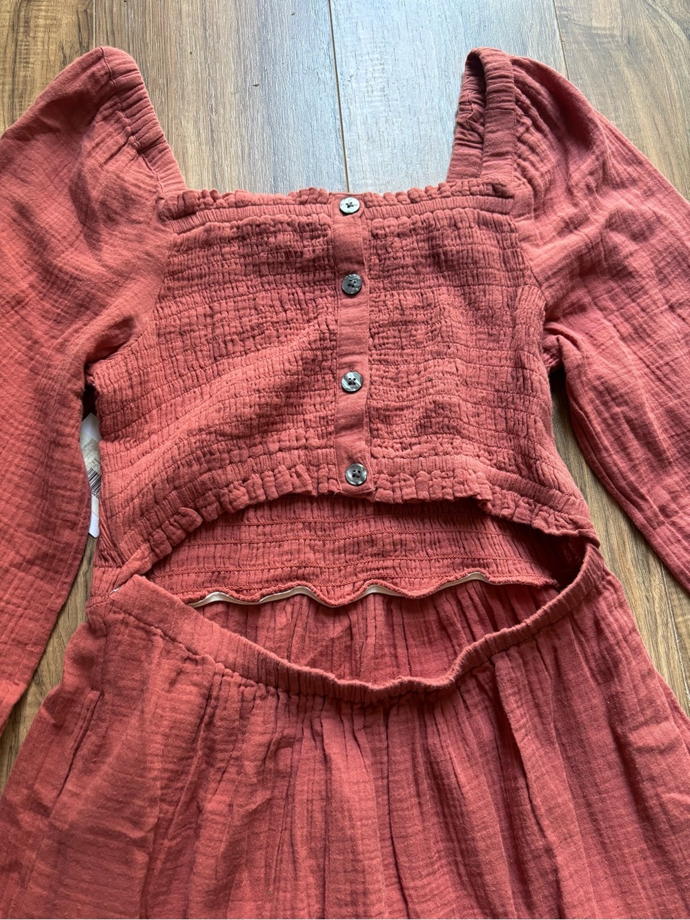 BeachLunchLounge Cotton Luana Gauze Smocked Cutout Back Puff Sleeve Dress Boho M - Picture 2 of 8